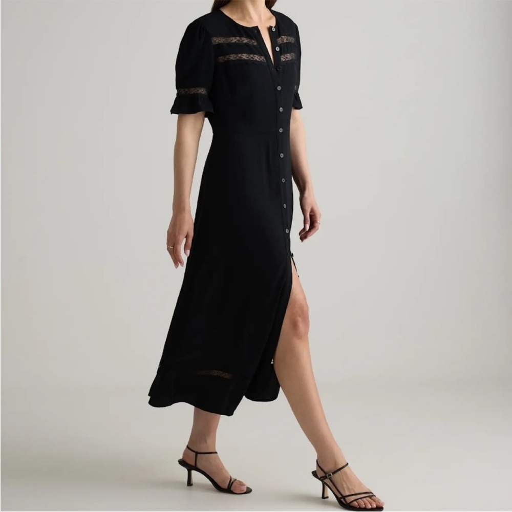 Quince Women Lightweight Crepe Lace Inset Midi Dress Black - Sz Large NWT